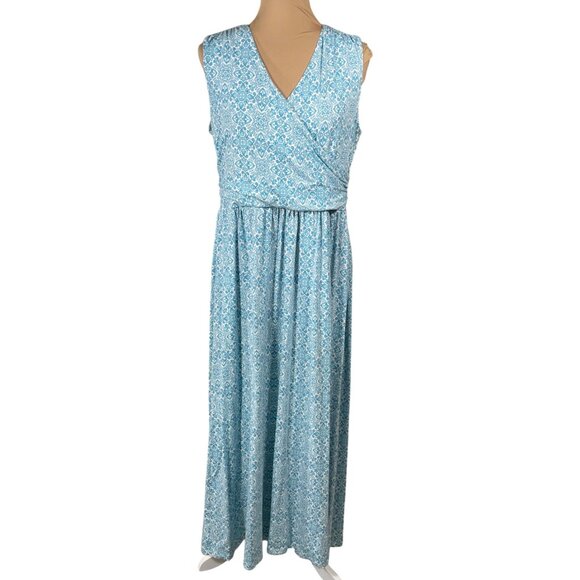 Lands' End Knit Maxi Dress Blue White Floral Size Large LP Petite Sleeveless V-N - Picture 1 of 6